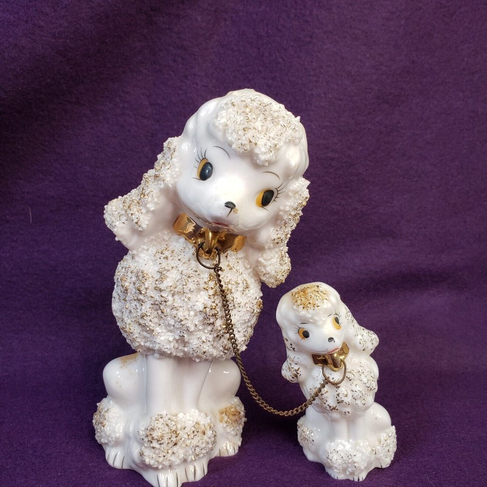Vintage MCM White Spaghetti Poodles Leaning Gold Collars Chain Japan Galveston